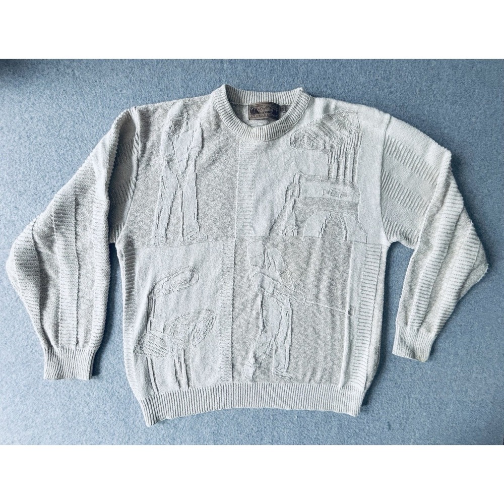 Vintage Shenandoah Sweater Mens‎ Large Beige Herringbone Knit Grandpa Golf Dad